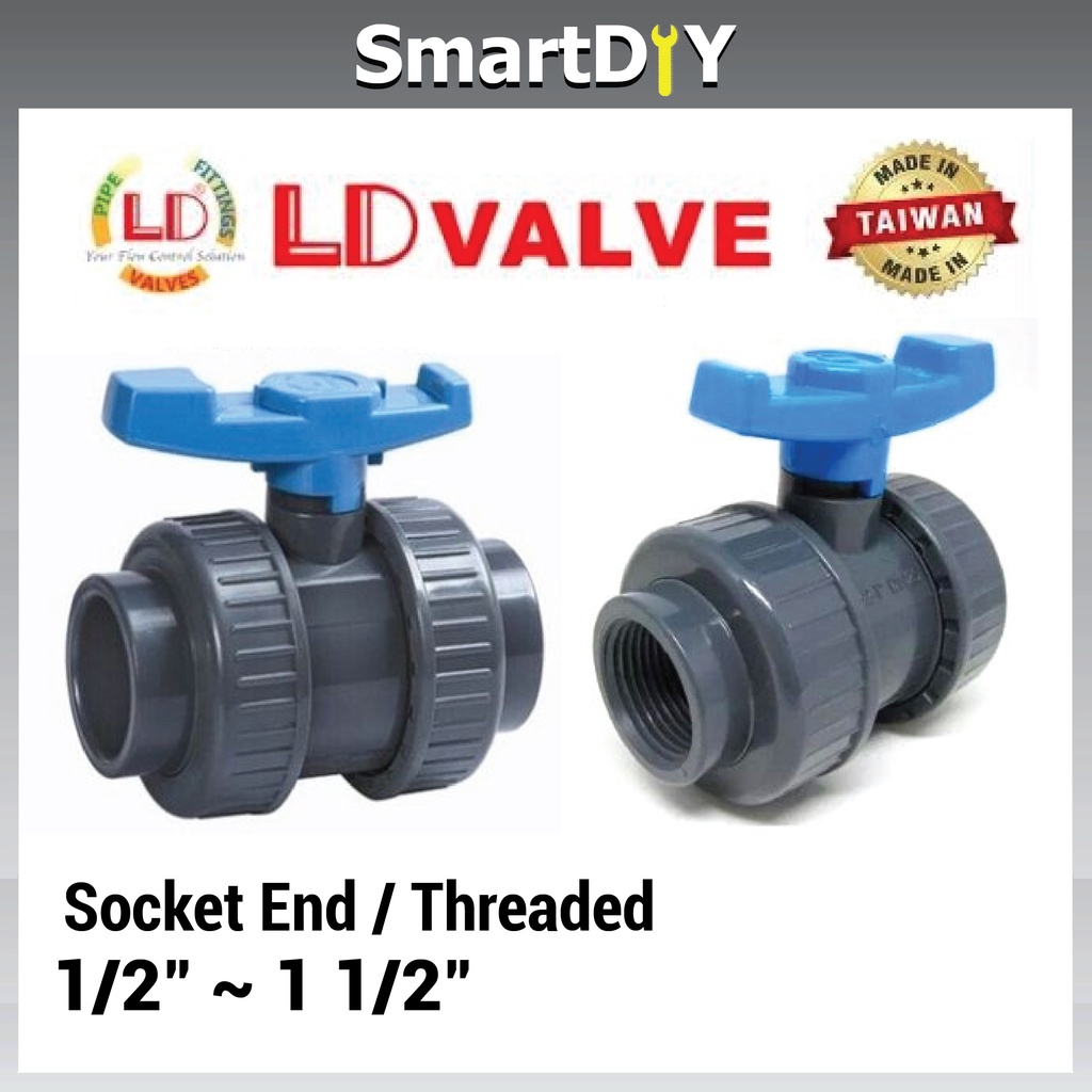 1/2" 1 1/2" LD868 PVC DOUBLE UNION BALL VALVE (Socket End) (Threaded