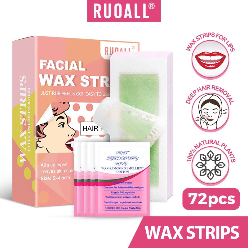 RUOALL 72PCS Facial Hair Removal Wax Strips For Men Women Lip Beard