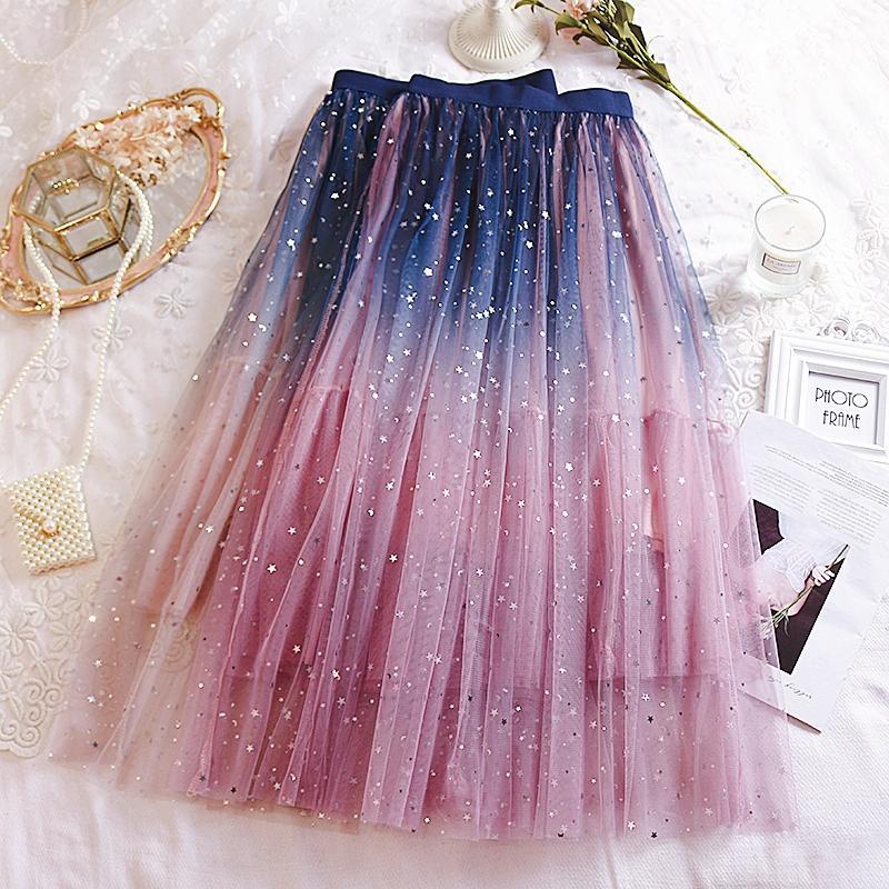 Gradient Star Skirt Retro Pleated Glitter Mesh Tutu Skirt Office Wear