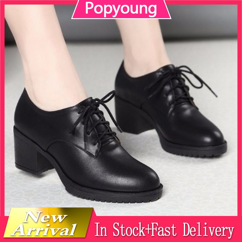 Elegant laceup small leather thick heel round head black work shoes