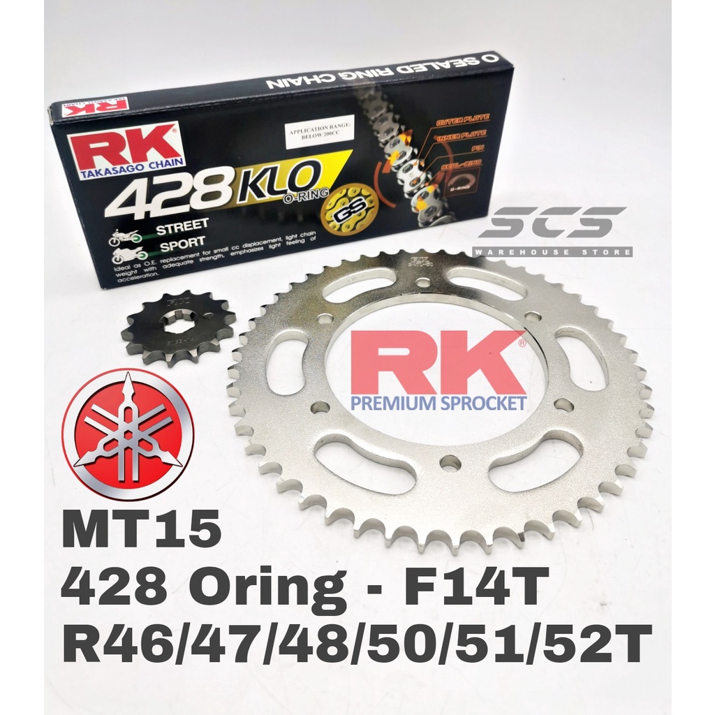 RK Sprocket Set YAMAHA MT15 428 KLO ORing Rivet Black / Gold Chain F14T R4652T Rantai Hitam