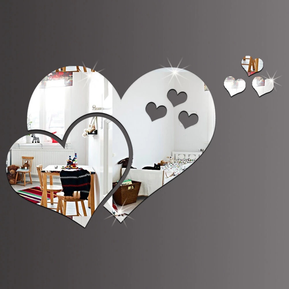 3D Love Heart Mirror Wall Stickers Selfadhesive Acrylic Reflective