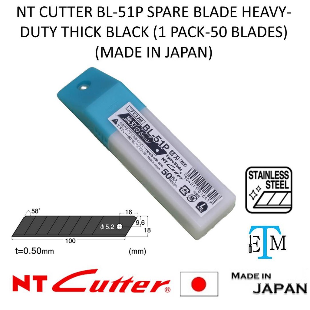 NT CUTTER BL51P SPARE BLADE HEAVYDUTY THICK BLACK 50 BLADES