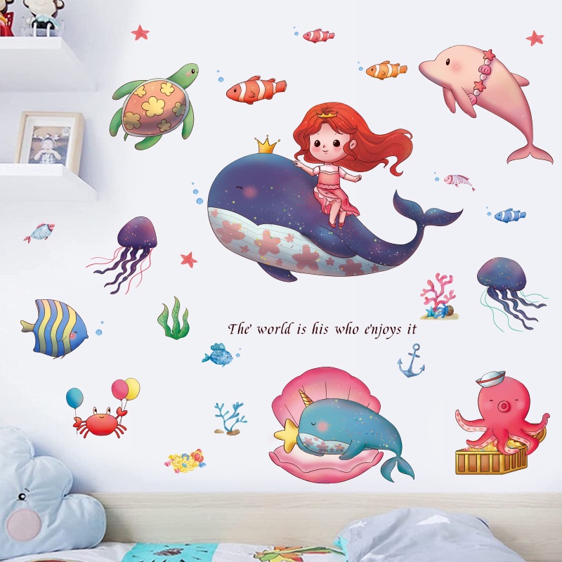 【Ready Stock】【Zooyoo】 Cartoon Little Girl Whale Octopus Wall Stickers