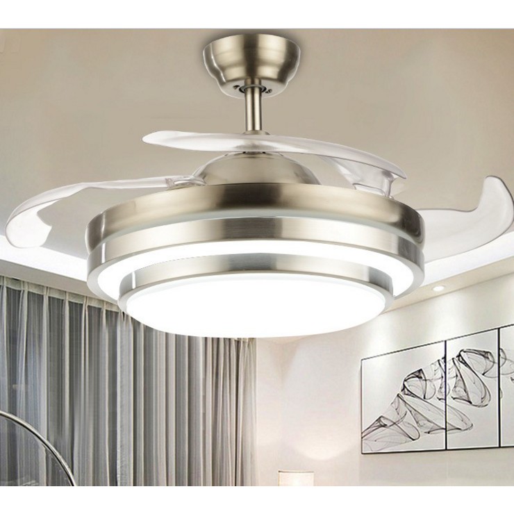 Remote Control Retractable Blades Chrome Chandelier Ceiling Fan With Light Led Ceiling Fan
