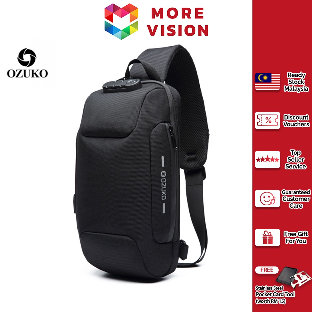 OZUKO Sling Bag USB AntiTheft Men's Chest Beg with Password Lock New