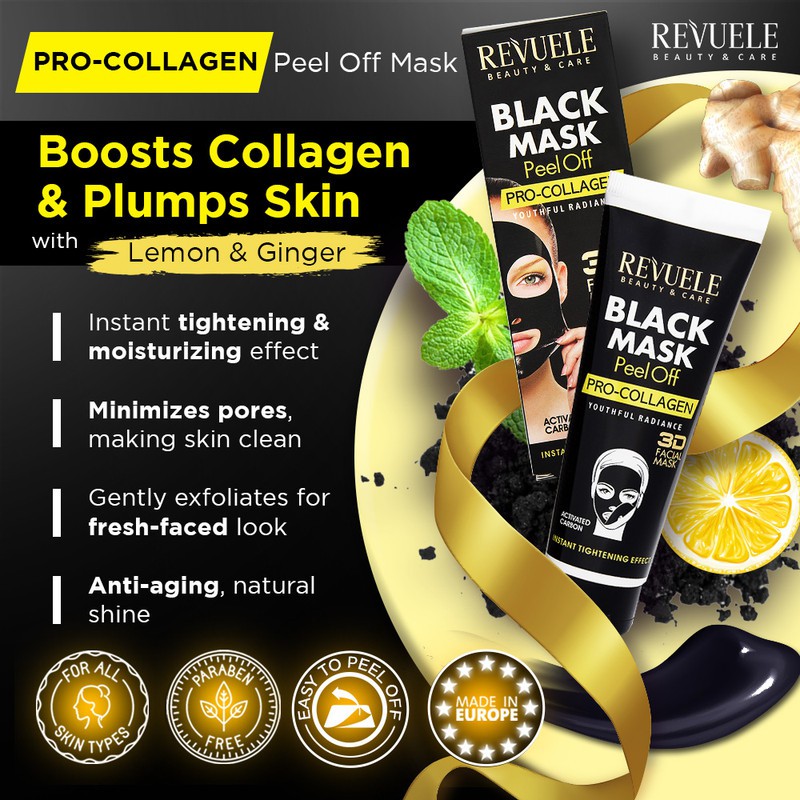REVUELE PRO COLLAGEN Black Peel Off Face Mask 80ml, Nourishes Smoothen