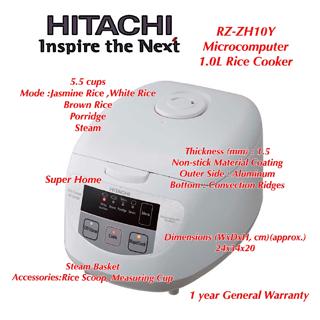 Hitachi 1.0 Litre Rice Cooker RZZH10Y (White) 1L Shopee Malaysia