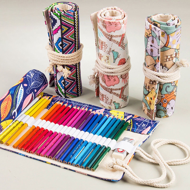 12/24/36 Slots Canvas Pencil Case Large Capacity Art Pencil Bag