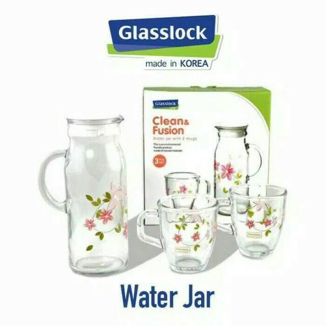 Glasslock Water Jar Drinking Water Bottle Thermos Glass Thumbler Set 3 Pcs (1 Jar 1300 mL + 2