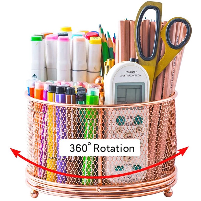 360° Rotating Rose Gold Pen Holder for Desk Workspace Organizers with