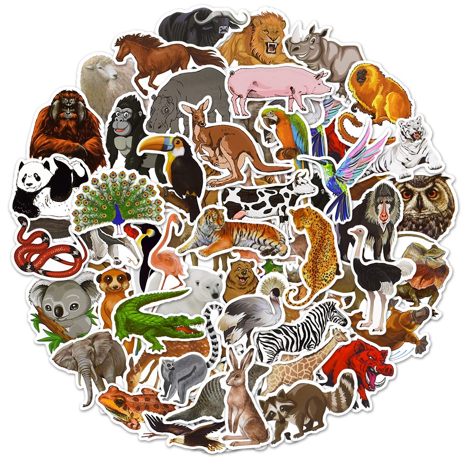 50 PCS Animal Stickers Pack Zoo Vivid Animal Decals Funny Cute Stickers