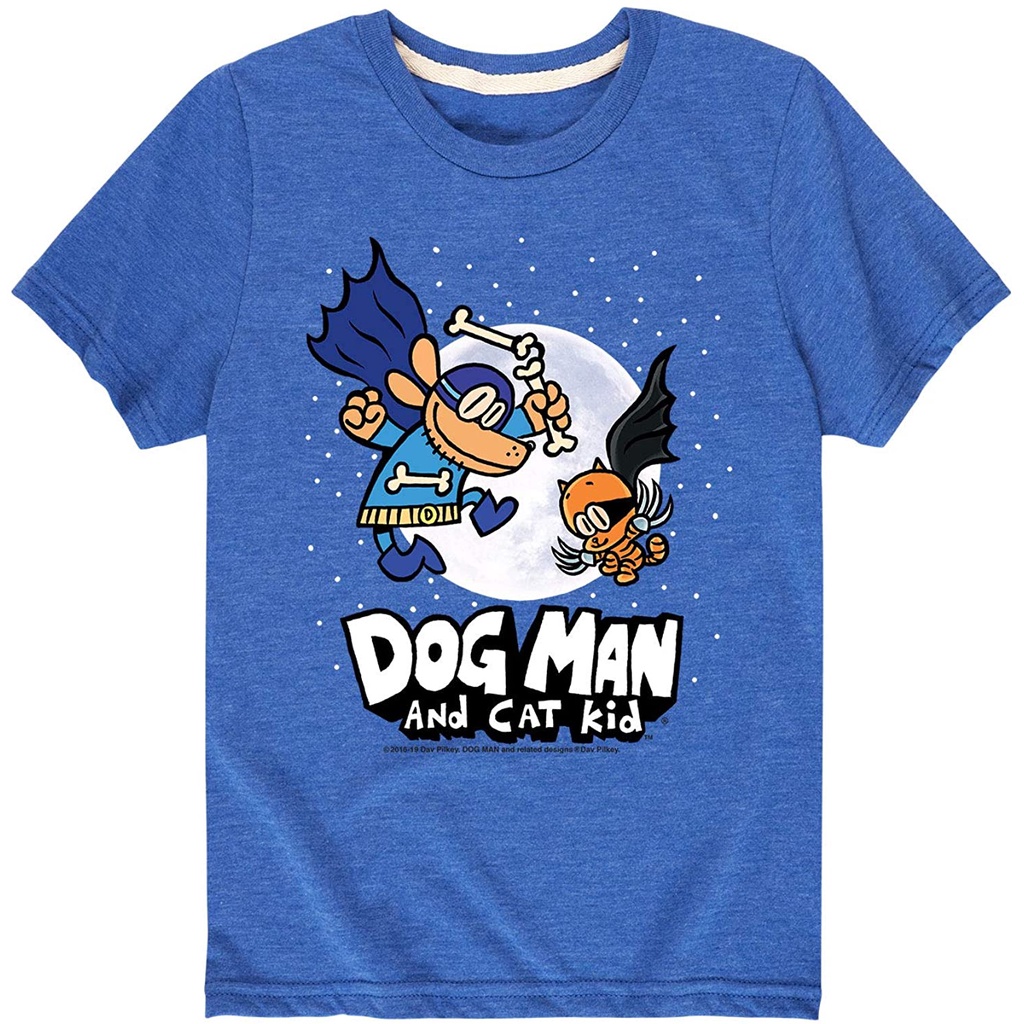 Dog Man and Cat Kid with Moon Boys and Girls Short Sleeve Graphic T