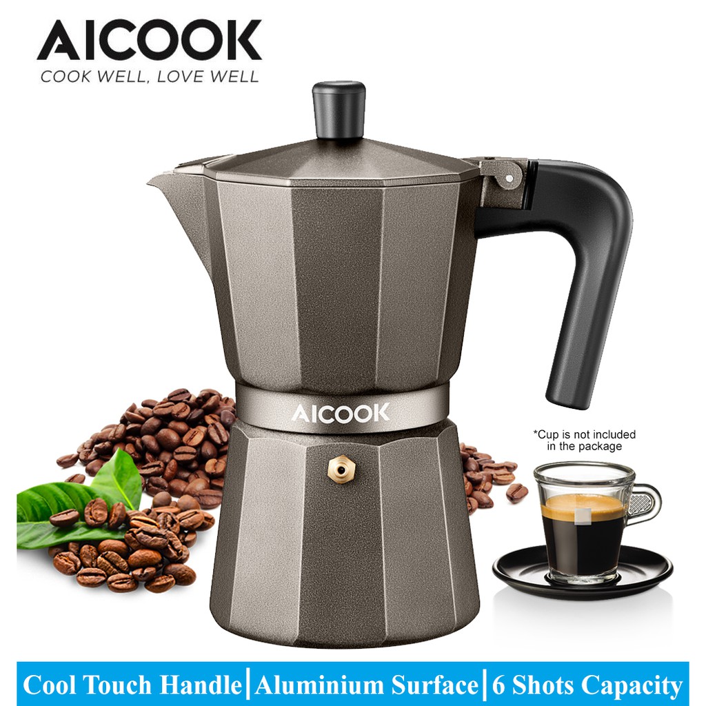 Aicook KD06 Stovetop Aluminium Moka Pot, 6 Cups of Single Shot Espresso