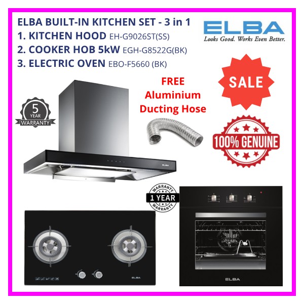 ELBA 3 IN 1 HOOD HOB OVEN SET BUILT IN DESIGNER HOOD EHG9026ST(SS