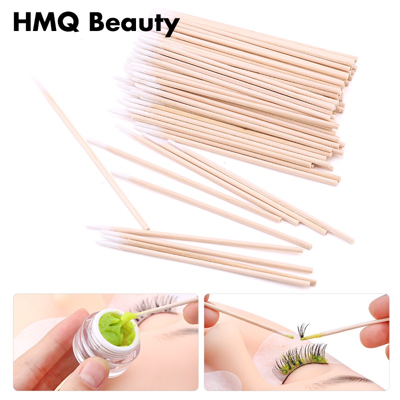 100Pcs Disposable Wooden Cotton Swabs Stick Eyelash Extension tool Glue