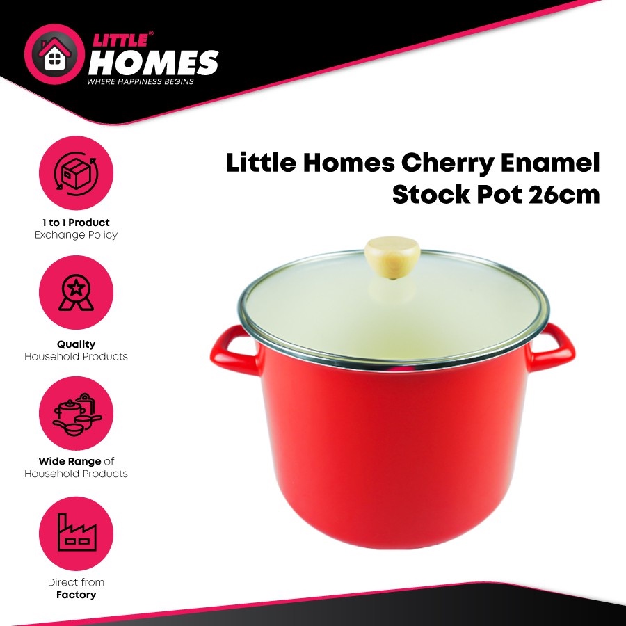 26cm / 10L Cherry Enamel Coated Stock Pot Casserole Pot High & Deep