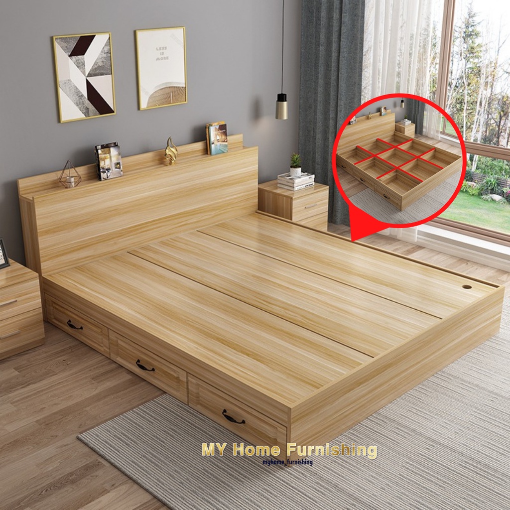 Tatami Bed Frame With Drawer Queen Extra Storage Space Katil Tatami Kayu Tahan Lama Banyak Ruang