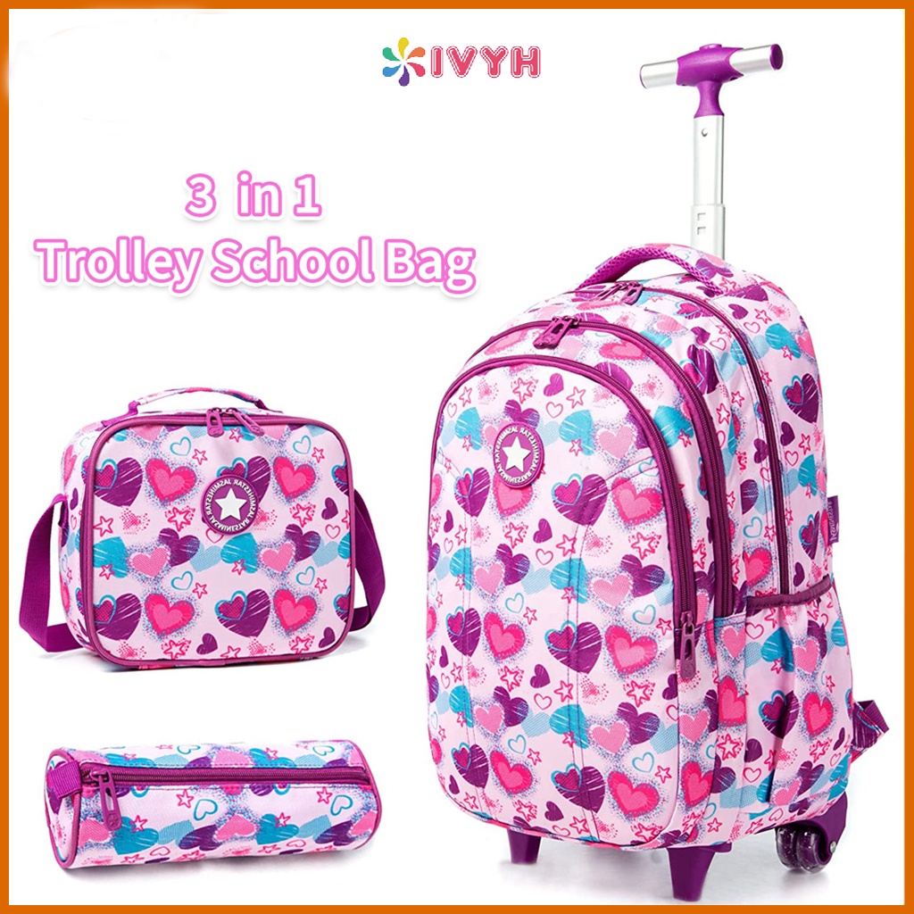 IvyH 3pcs/Set 16 inch Trolley Schoolbag with 4 Wheels Large Capacity