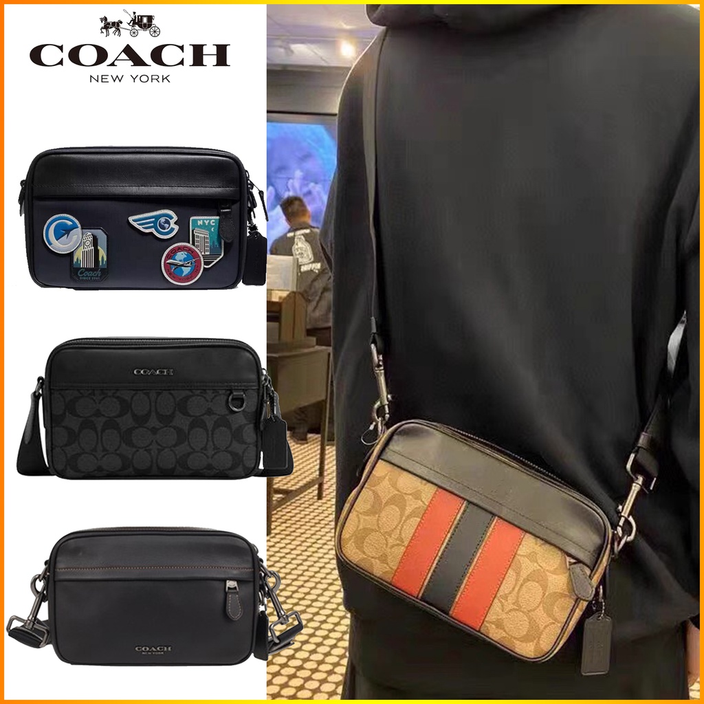 Spot goods coach sling bag men leather Cross Body Bags Double Zipper