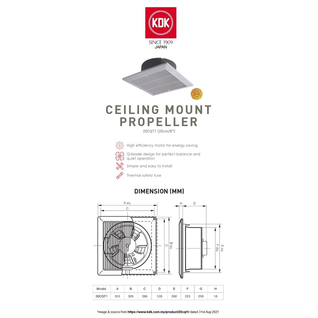 Ceiling Exhaust Fan KDK 8" 20CQT1 Shopee Malaysia