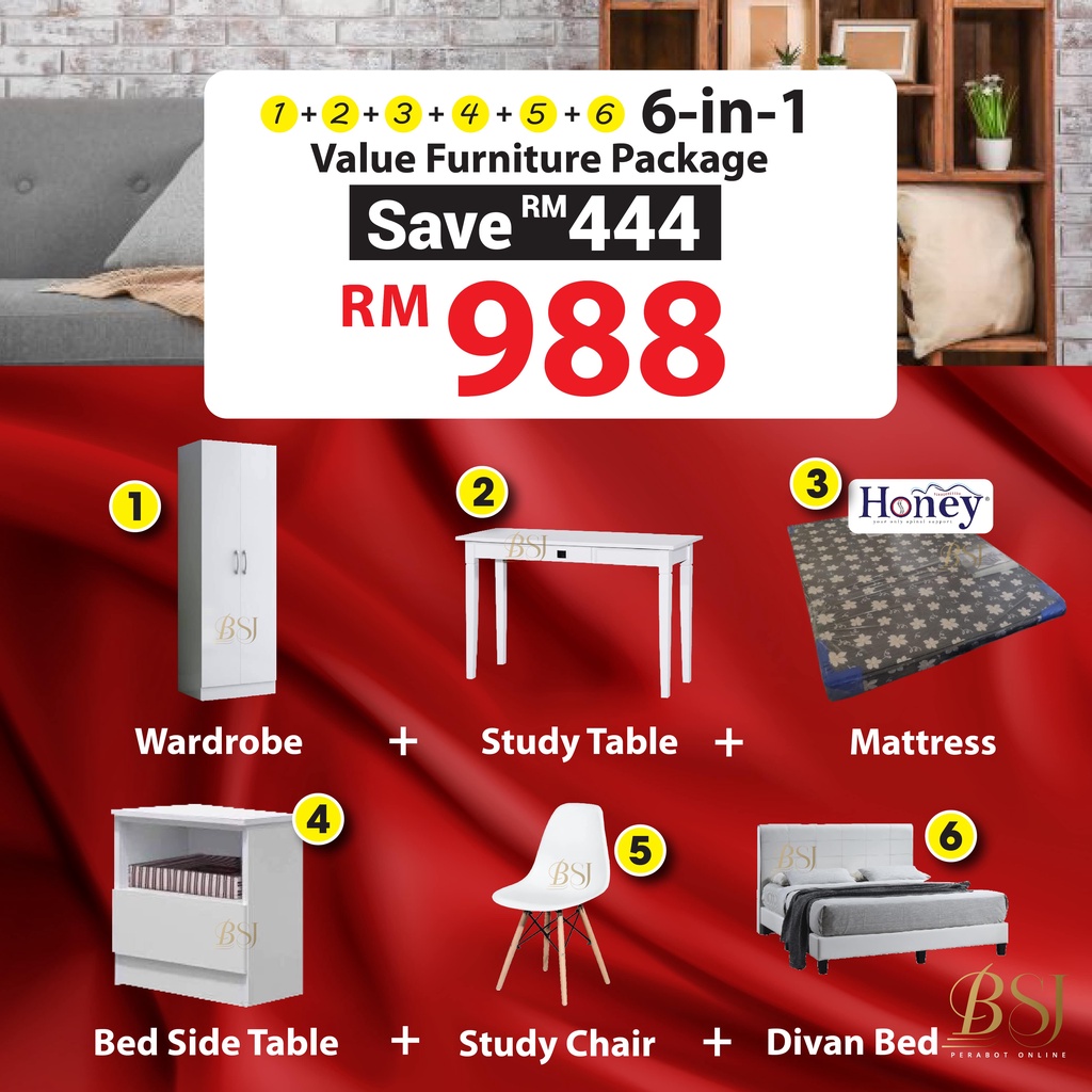 BSJ【 𝟔𝐢𝐧𝟏 𝐂𝐎𝐌𝐁𝐎 𝐒𝐄𝐓】Packej Furnitures Divan Bed Wardrobe Mattress
