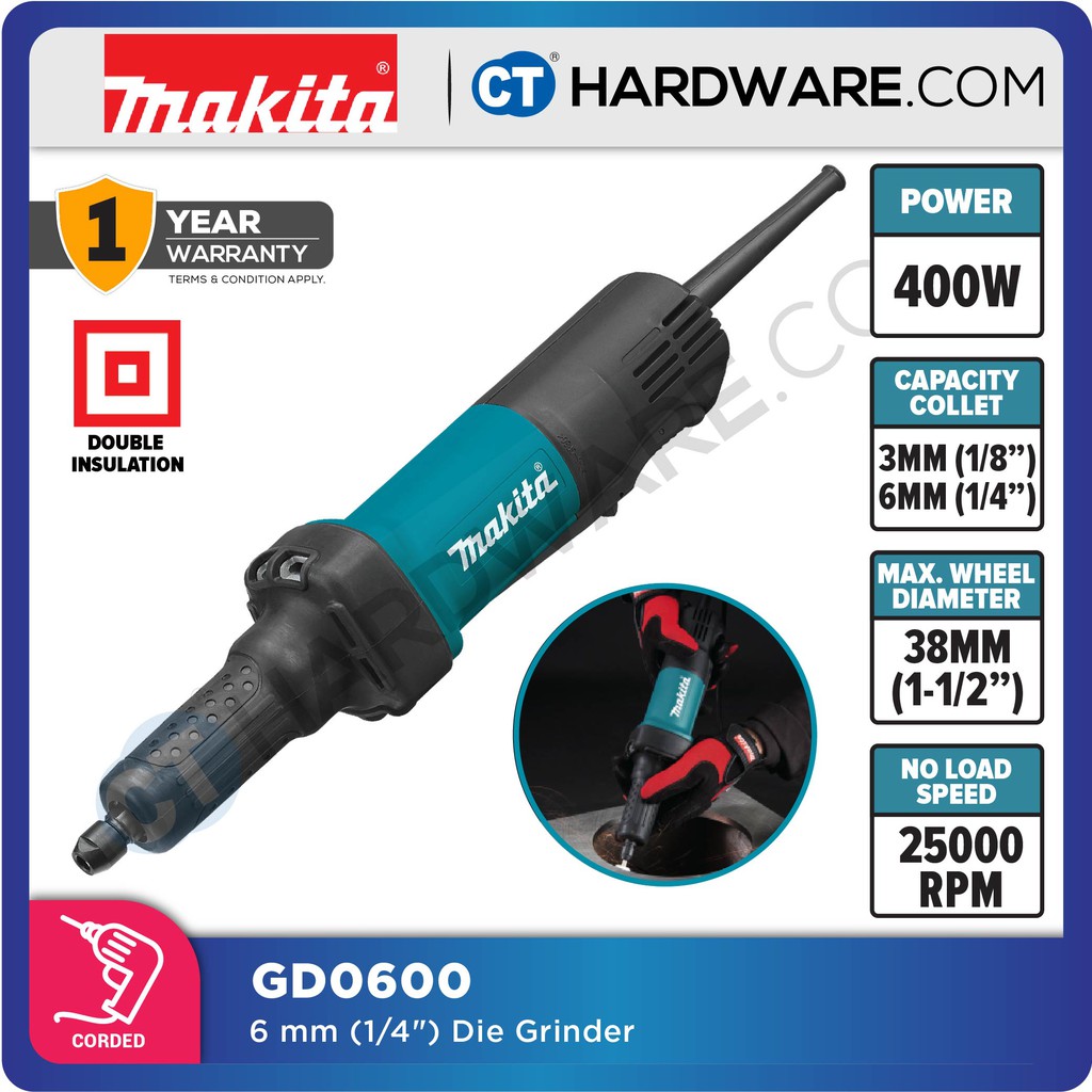 MAKITA GD0600 CORDED DIE GRINDER 6MM 1/4", PADDLE SWITCH 400W 25000RPM