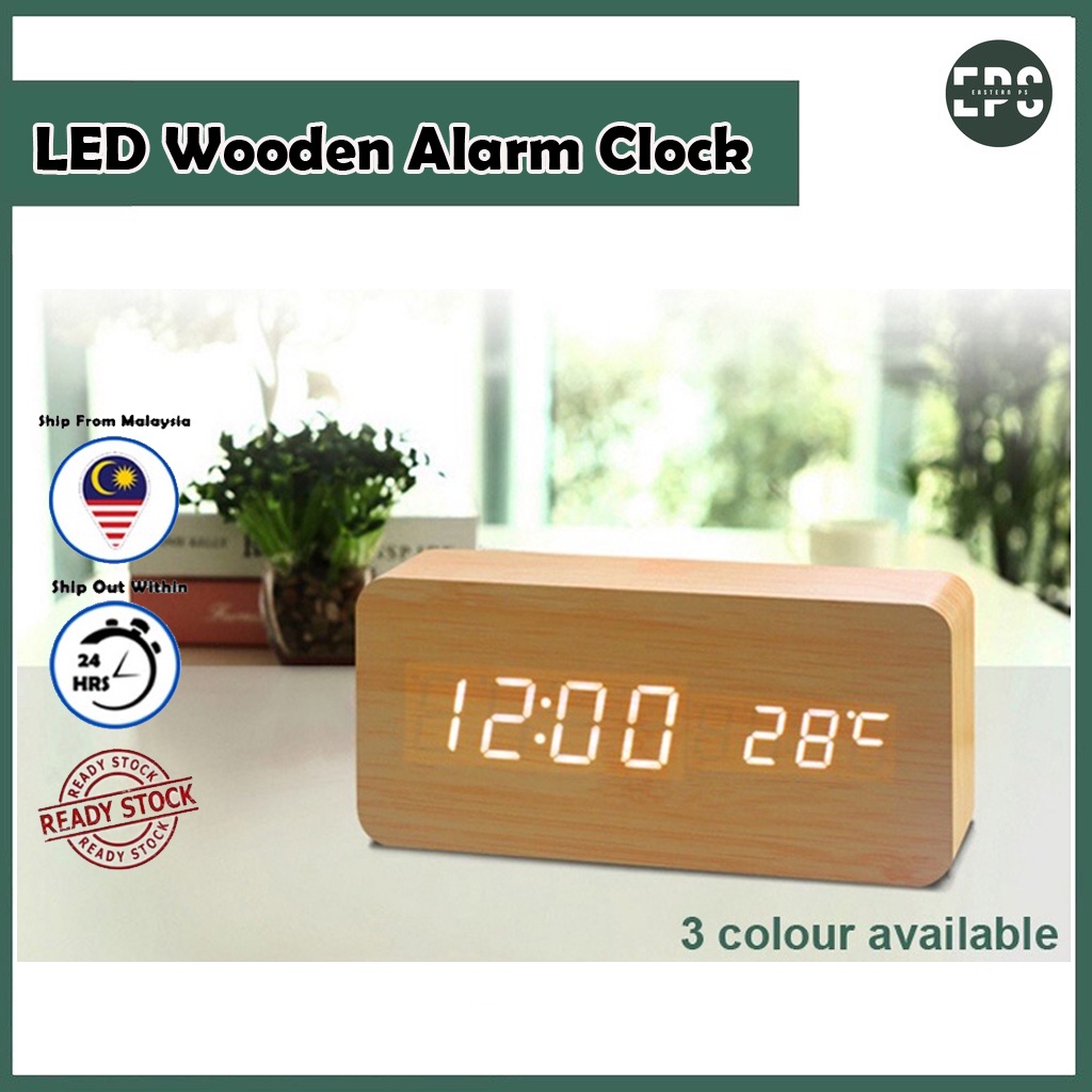 LED Wooden Alarm Clock Voice Control with USB Calendar Thermometer