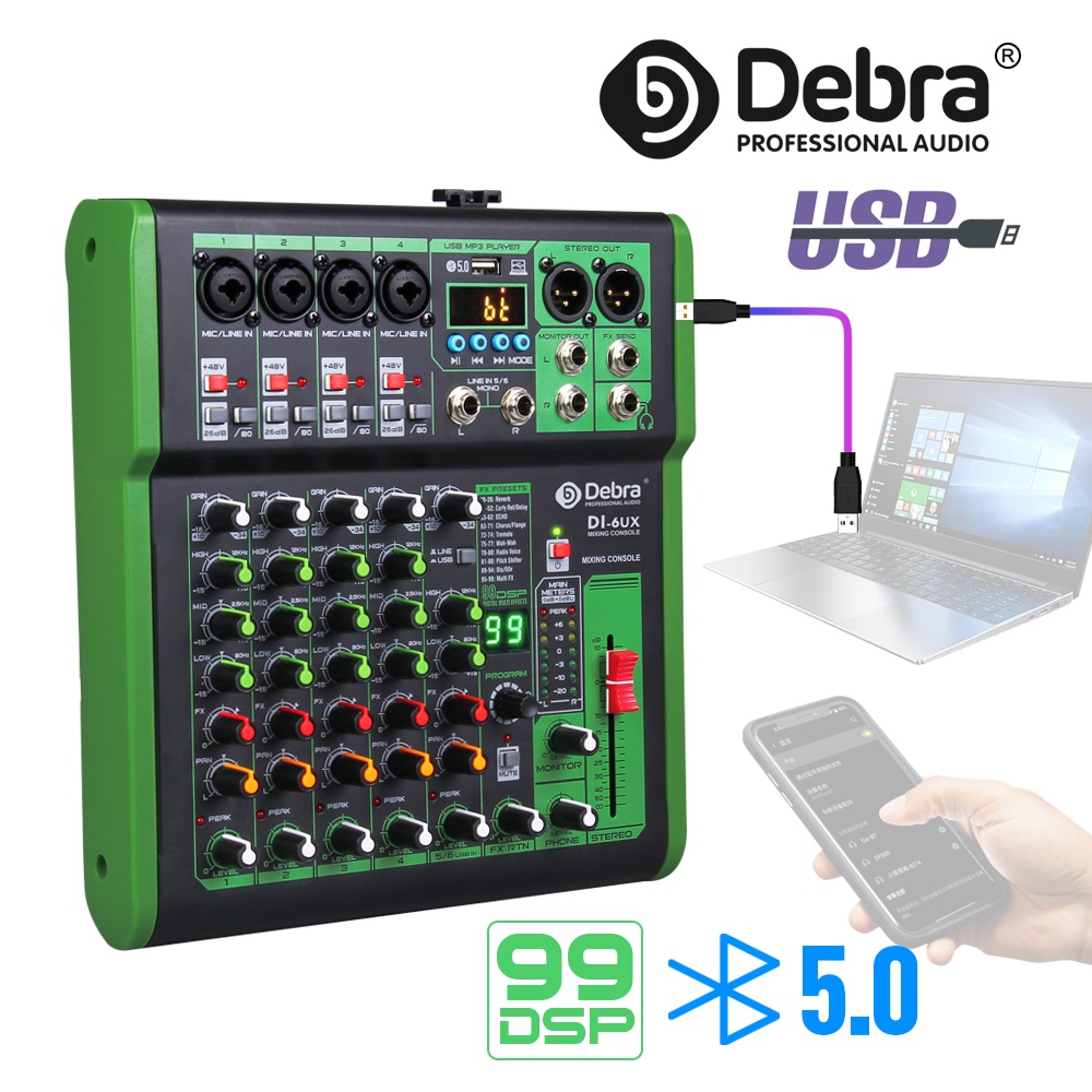 Debra Audio 4/6 channel mini audio mixer DJ console with 99DSP effect