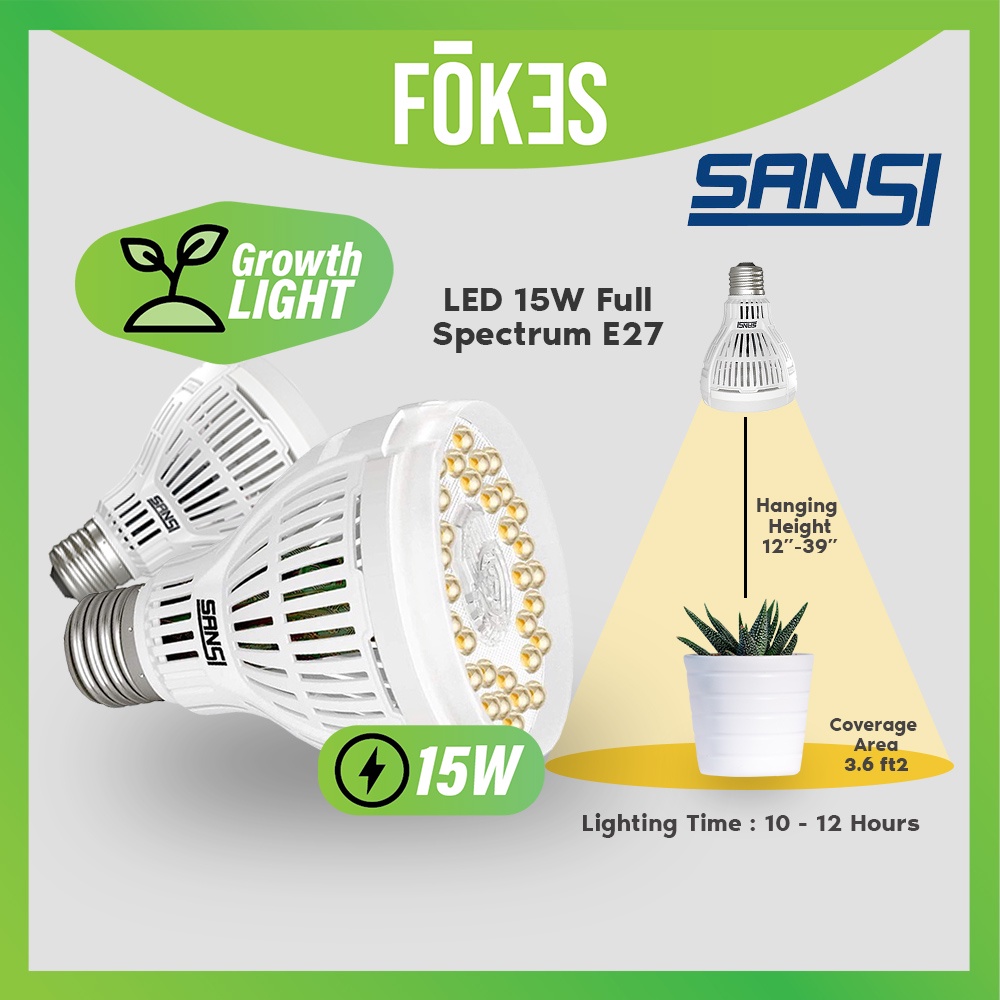 SANSI 15W Lampu Tanaman LED Grow Light Bulb Full Spectrum E27 Daylight
