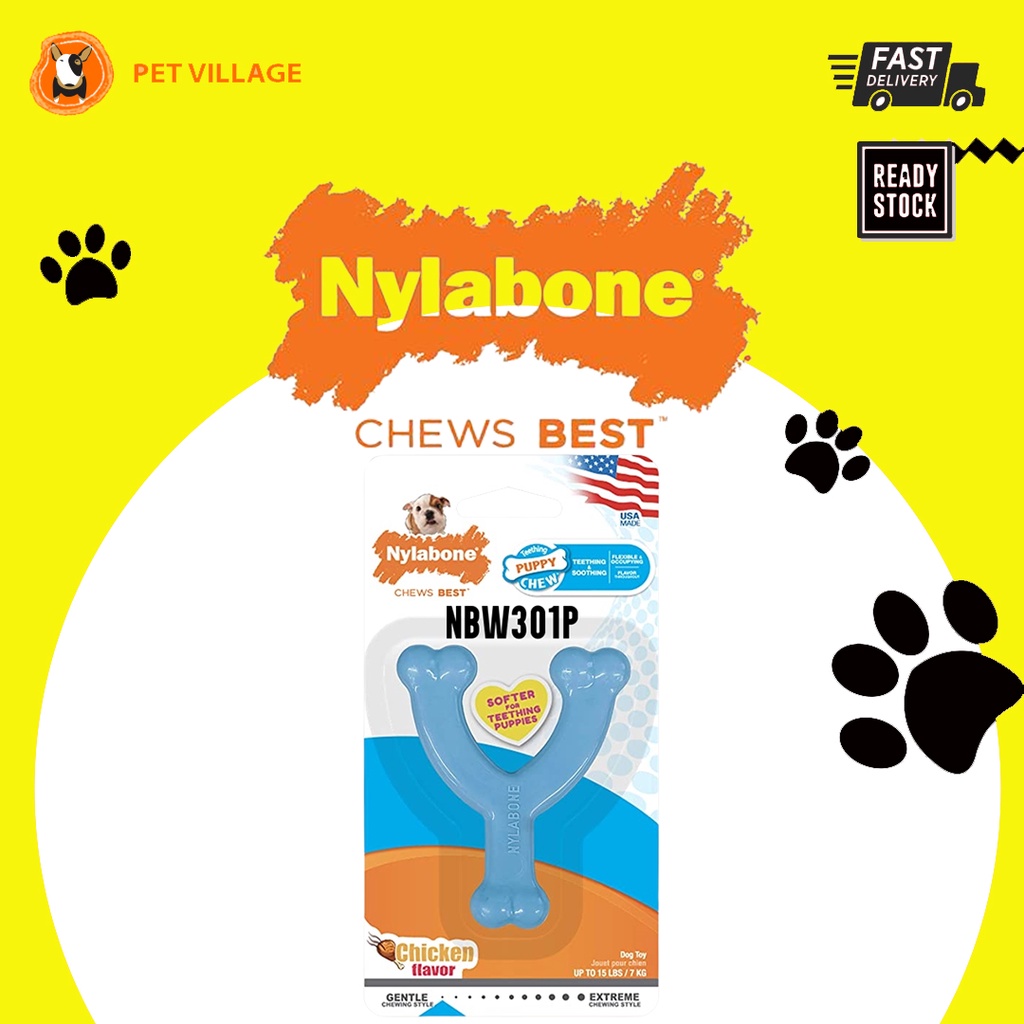 PROMO NYLABONE Teething Puppy Chew Blue Wishbone Petite Chicken Flavour