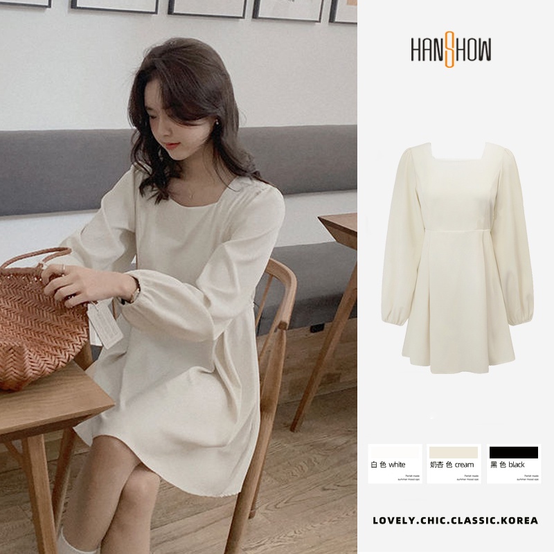 2022 Spring and Autumn New French Women's Square Neck Solid Color Dress