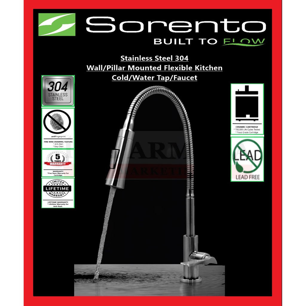 Sorento Flexible Hose Kitchen Tap Stainless Steel 304 Wall/Pillar