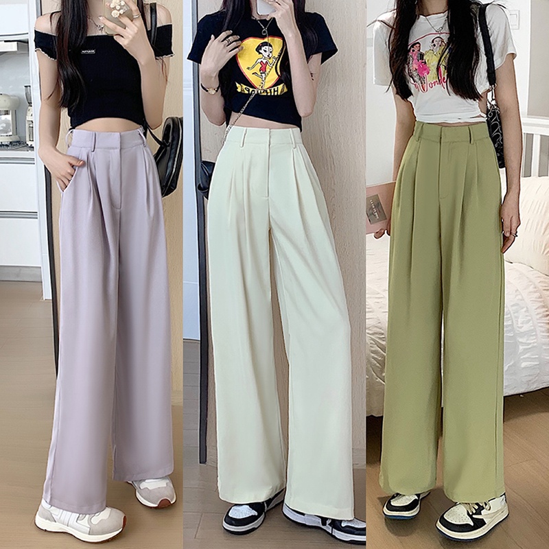 Summer Simple High Waist Loose Long Pants Solid Color Thin Women Wide