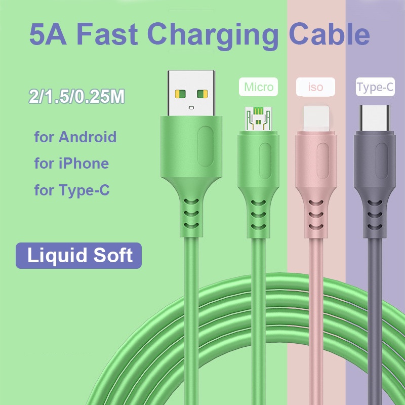 Liquid Silicone 5A USB Cable Long Fast Charger Charging Data Cable for