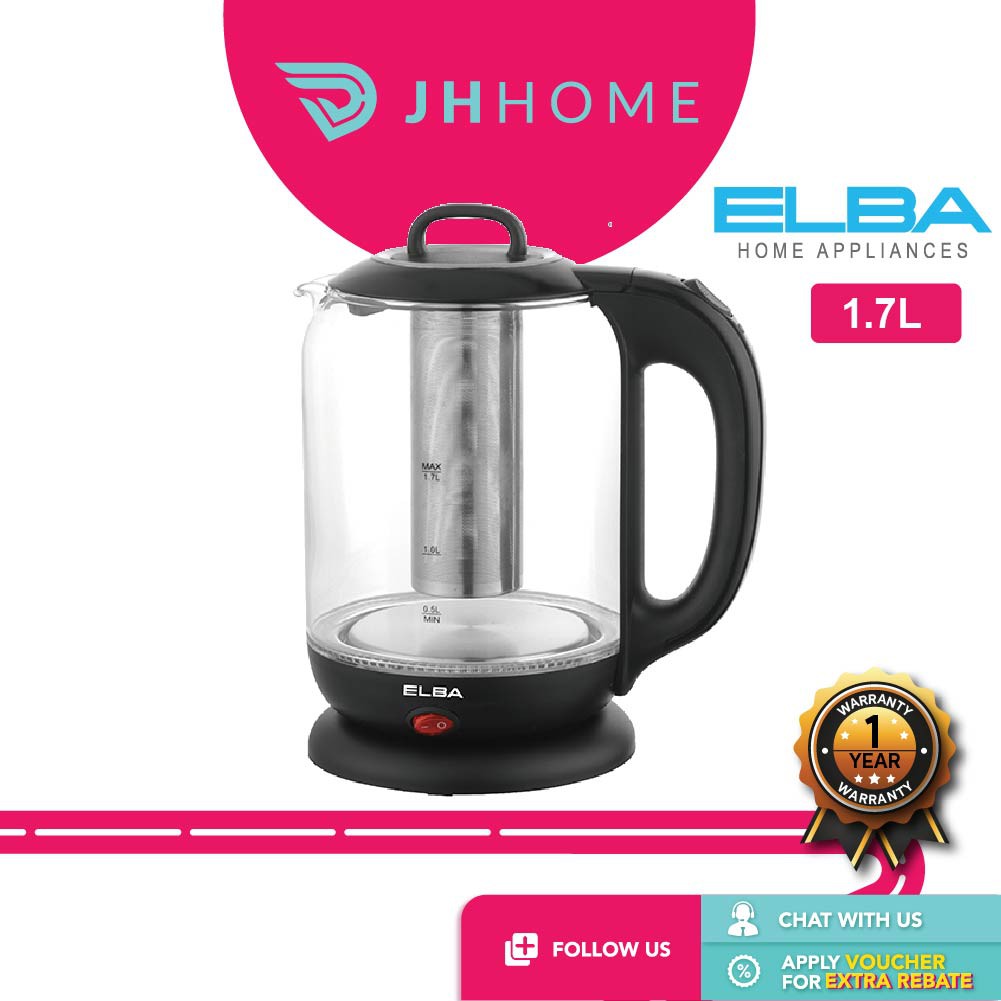 Elba 1.7L Glass Jug Kettle With Detachable Strainer EJKJ1725KG(BK