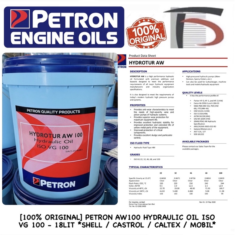 [100 ORIGINAL] PETRON AW100 HYDRAULIC OIL ISO VG 100 18LIT *SHELL