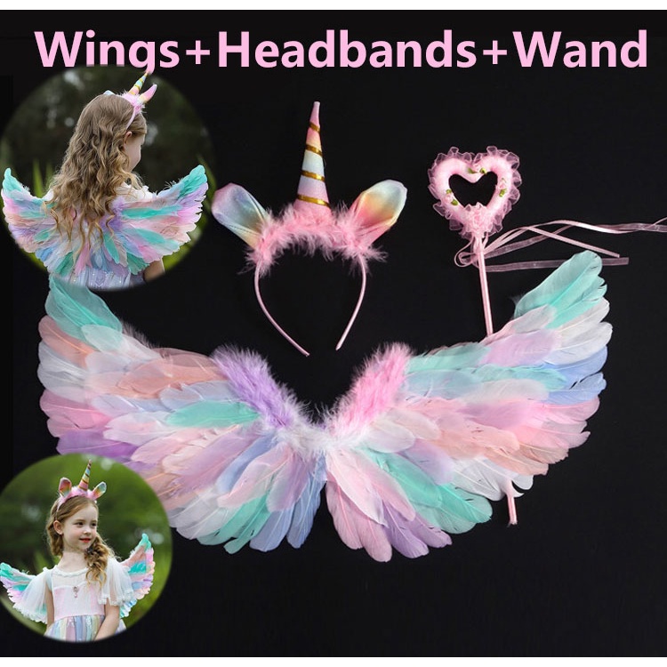 Angel Costume for Baby Girl Rainbow Wings Feather Unicorn Wings Costume