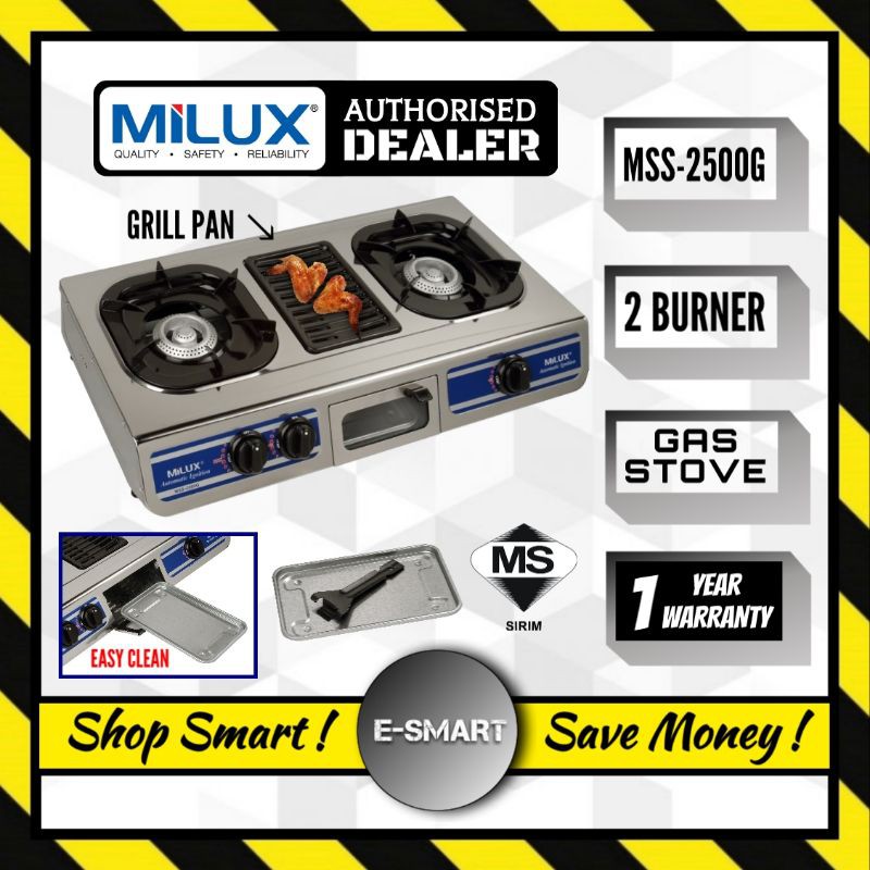 Milux Double Burner Stainless Steel Gas Cooker Stove with Grill ( Dapur