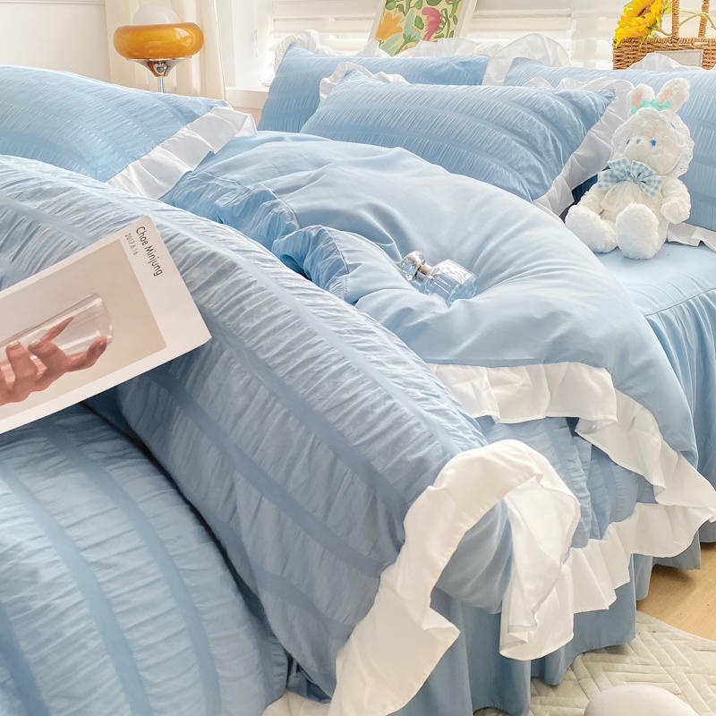 4 IN 1 Princess Style Bedding Set Seersucker Solid Style Quilt Flat