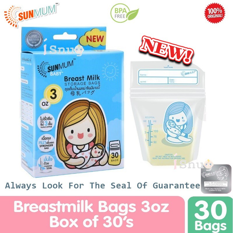 Sunmum Breast milk Storage Bag 3oz BPA FREE Triple Ziplock 30 Pcs