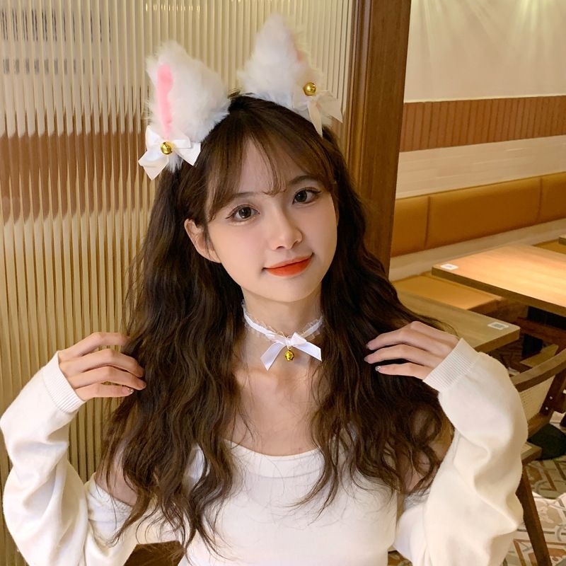 HITAM PUTIH Cat EAR Headbands Soft Fur Bells Black White CAT EAR