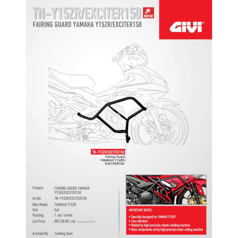 GIVI YAMAHA Y15 Y15ZR FAIRING GUARD BODY GUARD Frame Chasis Guard Crash