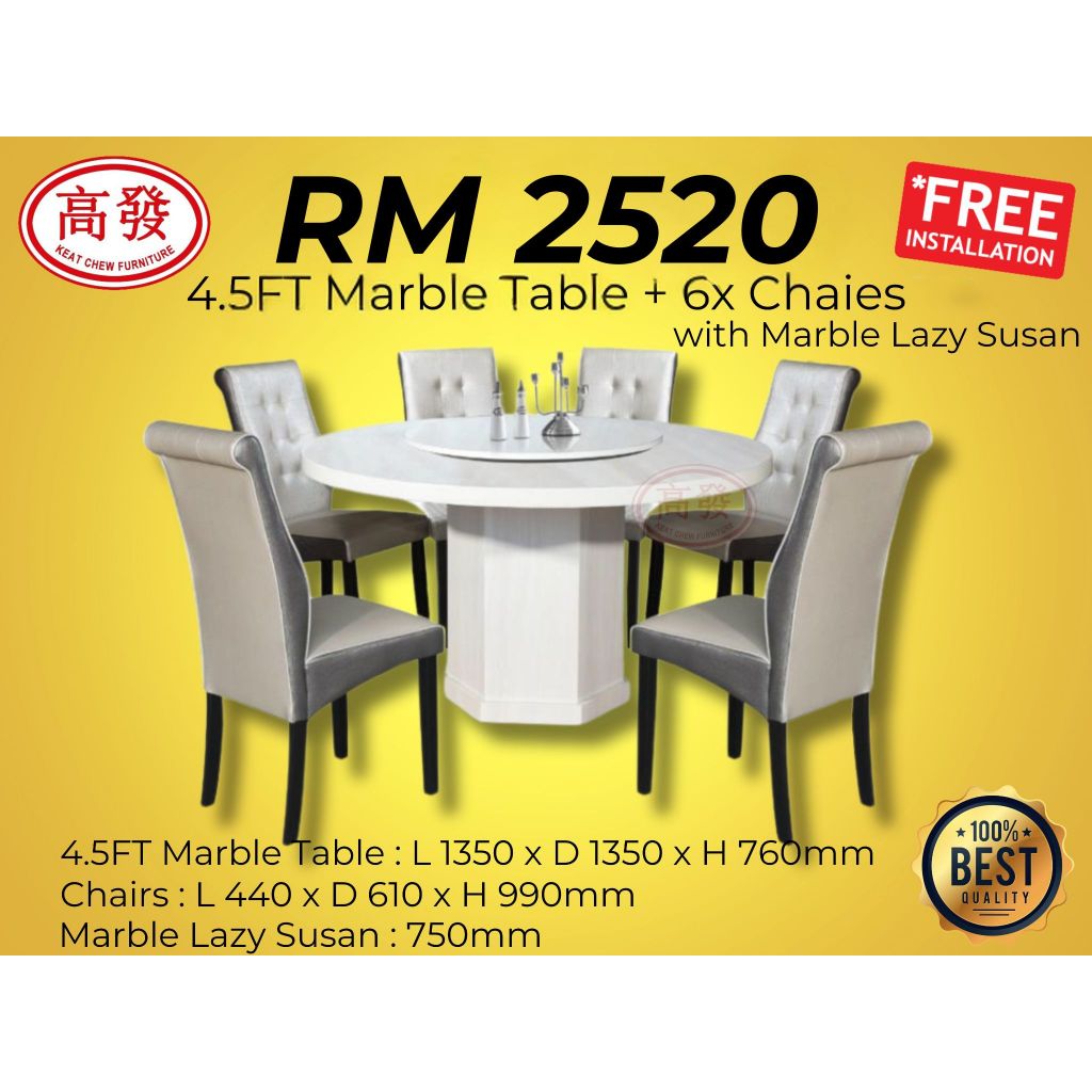 4.5FT Marble Table + 6x Chair + Marble Lazy Susan Meja Makan Dining Set