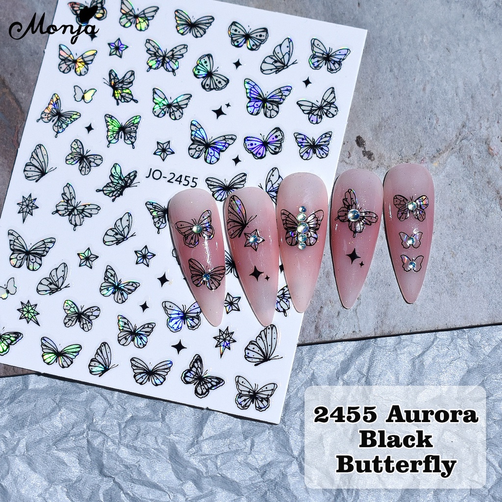 Monja 3D Butterfly Nail Art Stickers Aurora Black White Holographic Butterflies Selfadhesive
