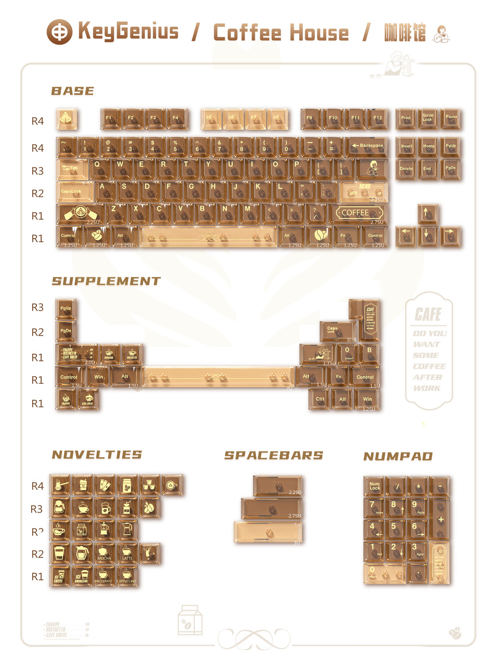 KeyGenius Coffee House Keycaps Foggy Transparent Brown PC Cherry