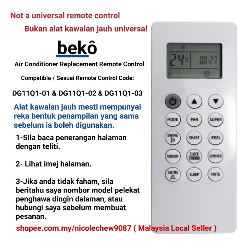 High Quality Beko air conditioner Replacement Remote Control DG11Q101