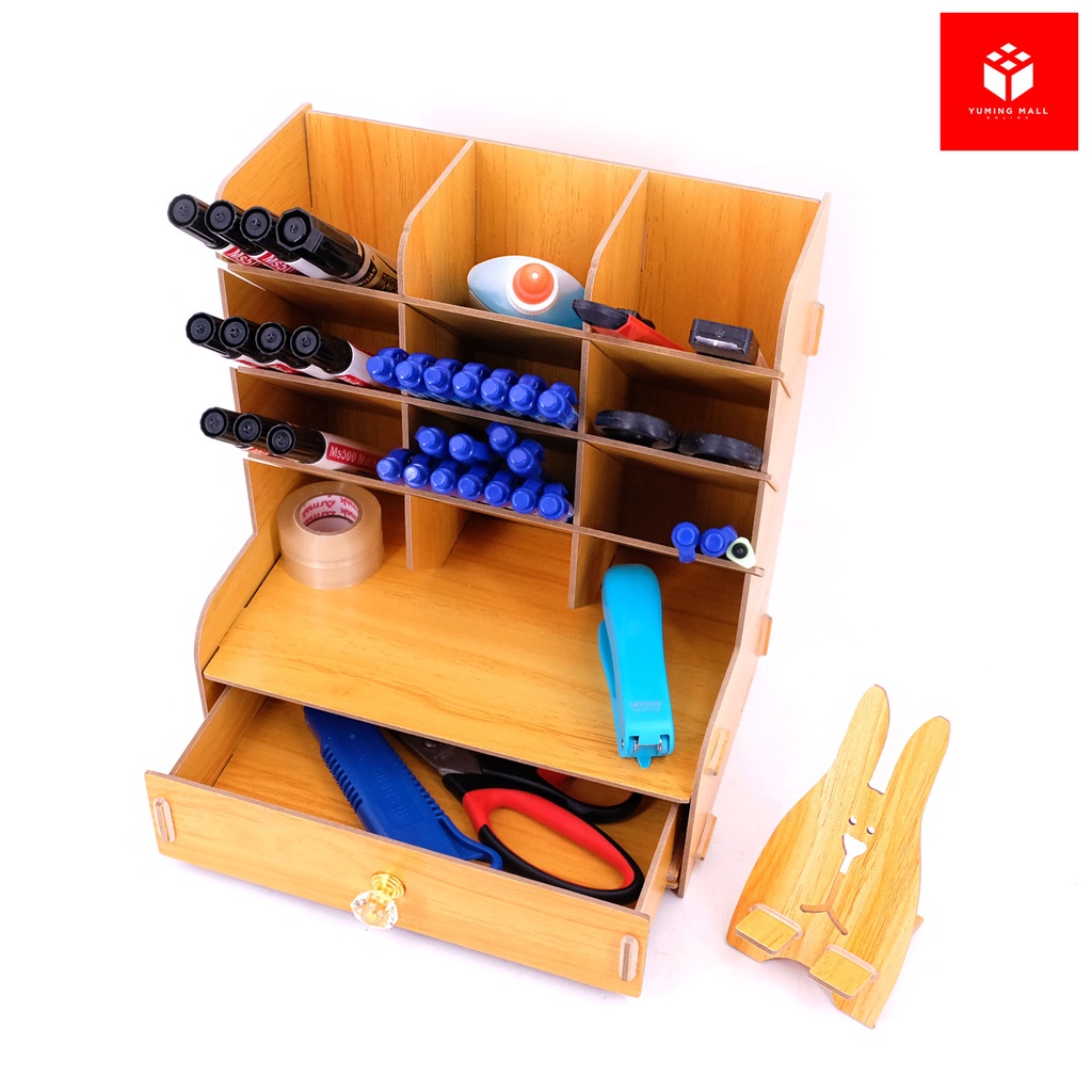 Wooden Desk Organizer Pen Holder Container with Phone Stand Shopee
