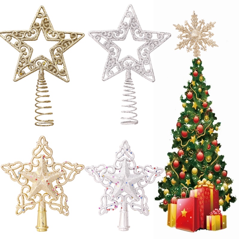 Mini Christmas Tree Topper Golden Silver Glitter Star Decor Xmas Party