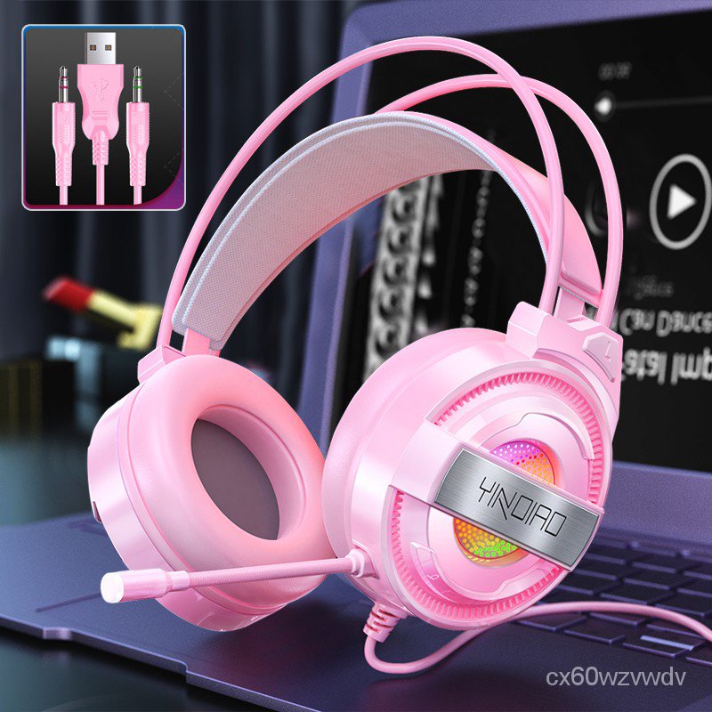noise cancelling Cute Pink Gaming Headset with Mic Wired LED light Bass